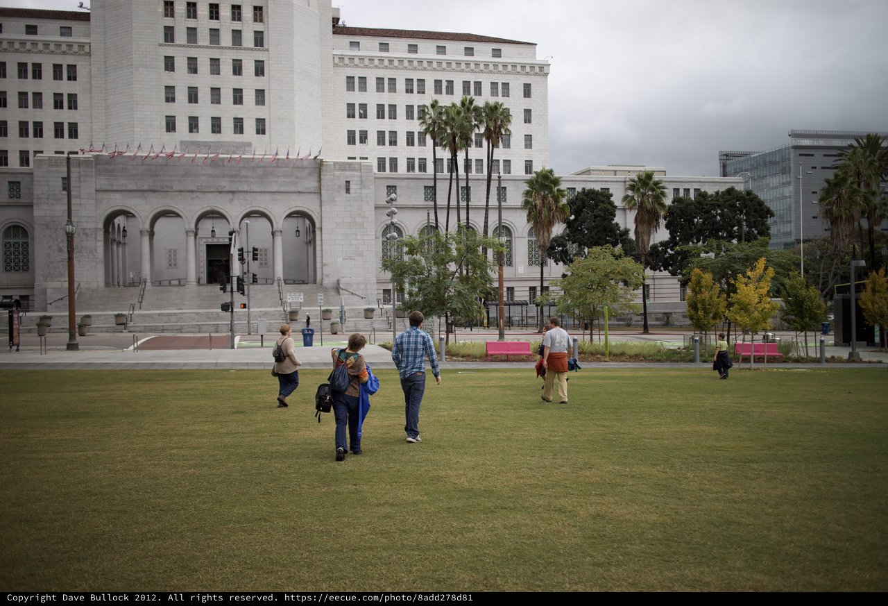 Visitors Walk Toward Los Angeles City Hall