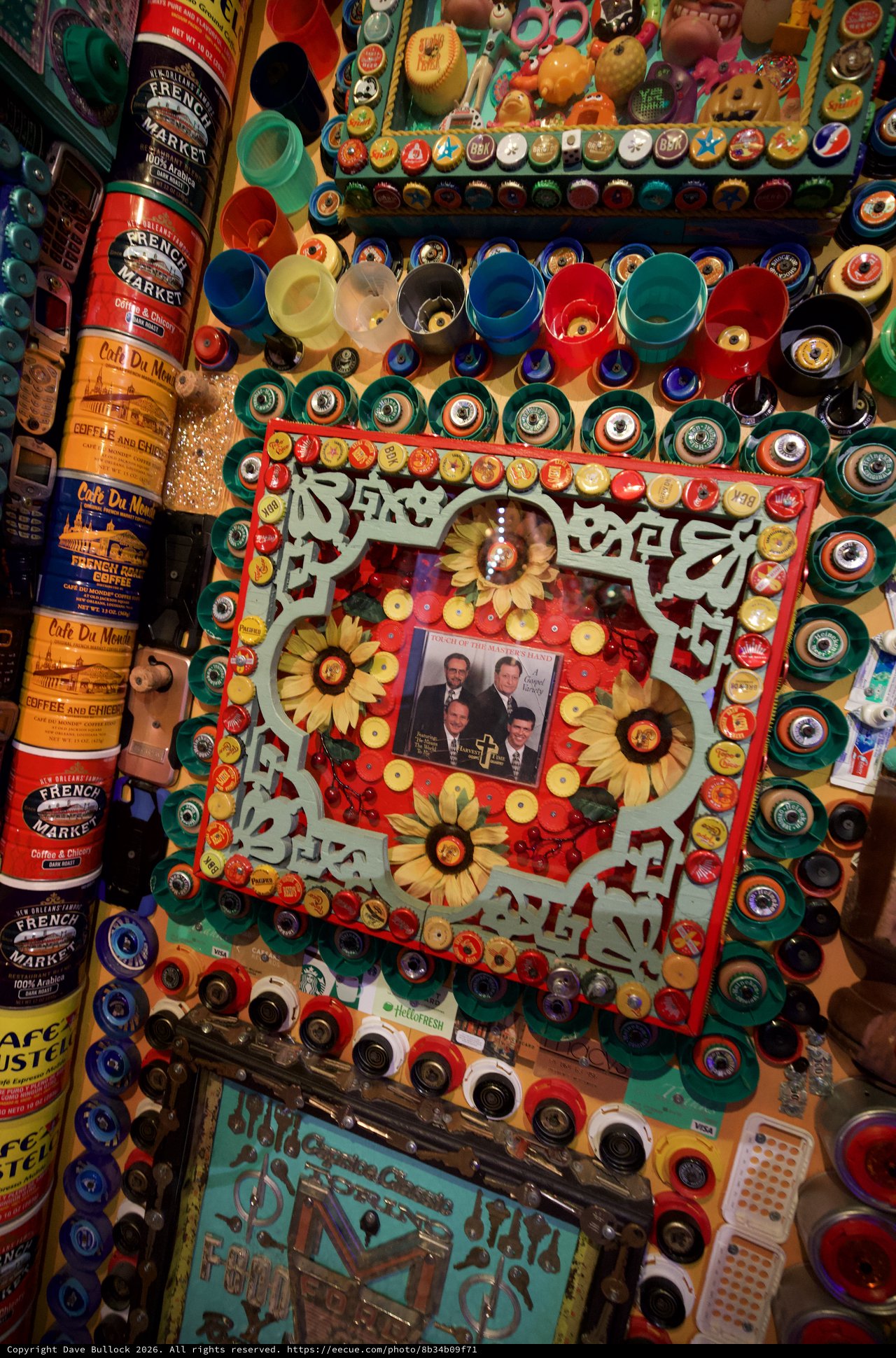 Eclectic Bottle Cap and Found Object Art Installation