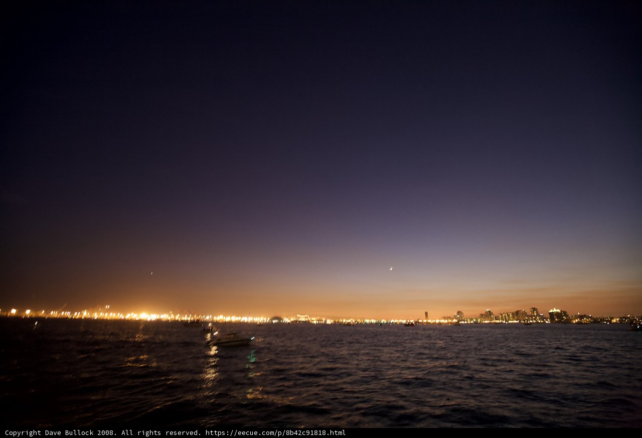 City Lights Reflecting on the Water at Sunset