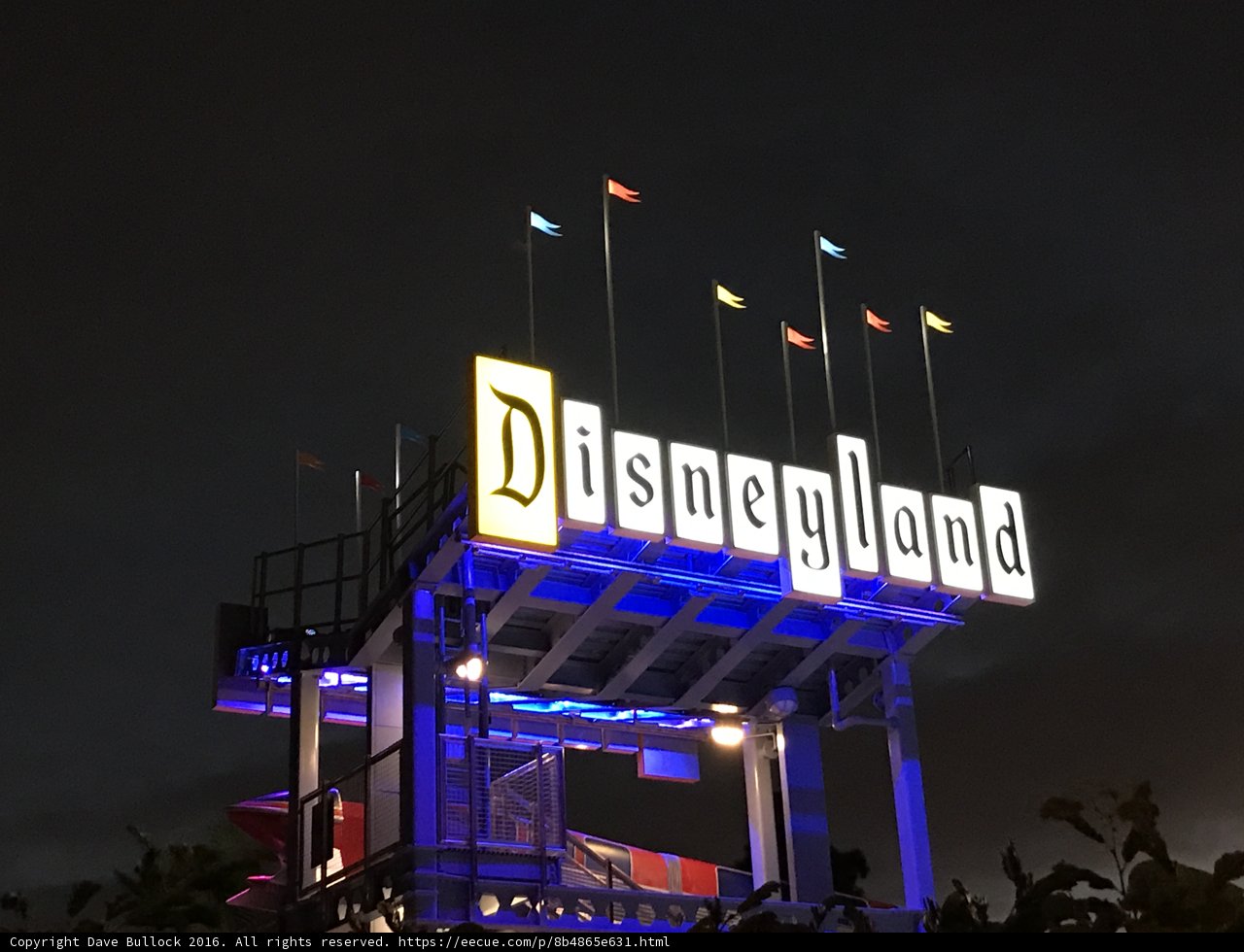 Illuminated Disneyland Sign at Night