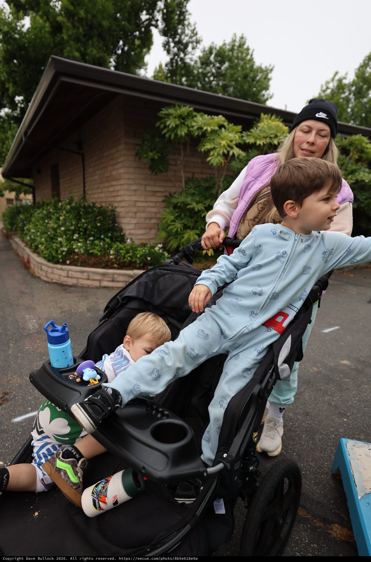 Mom Pushes Two Kids in Stroller at Balloon Festival