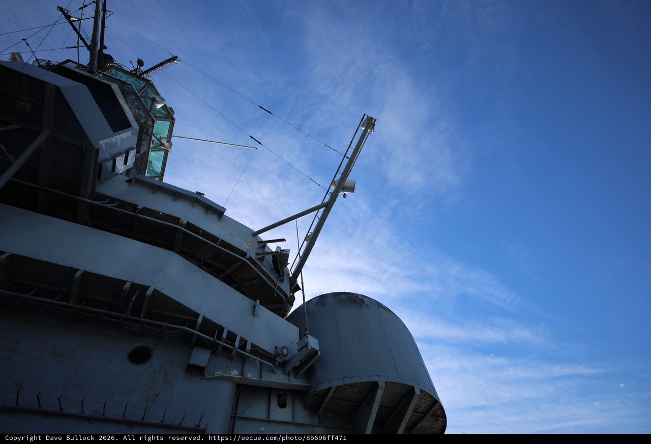 USS Hornet Bridge and Mast Against Blue Sky