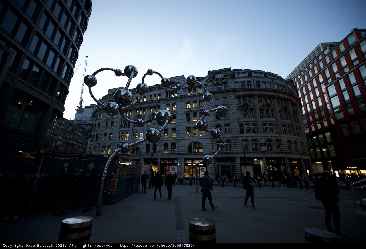 Molecular Sculpture at Dusk in London Plaza