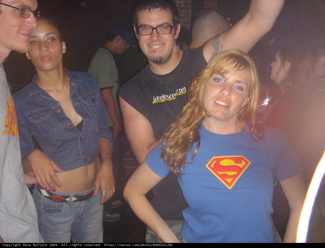 Night Club Friends Posing in Superman Shirt 2004