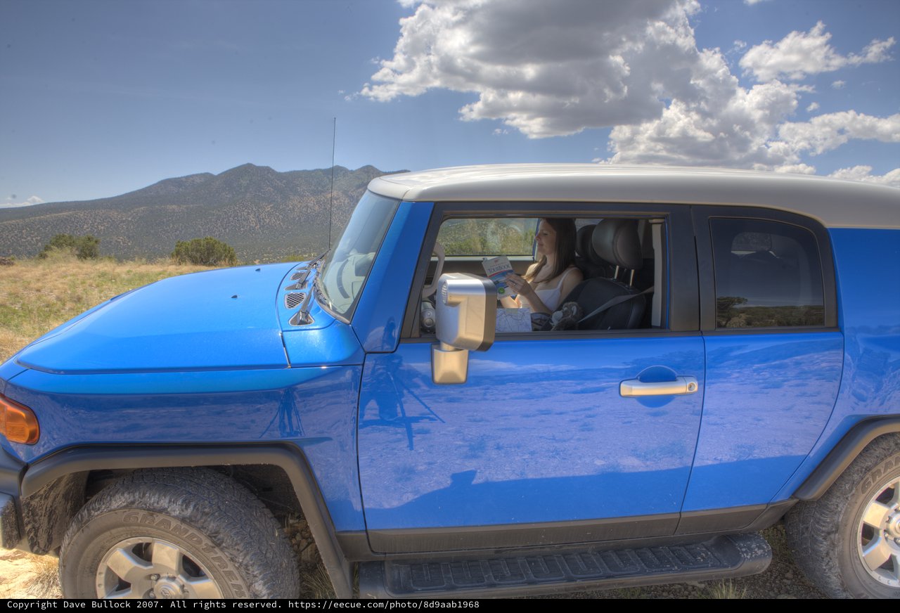 Penelope Reading Map in Voodoo Blue FJ Cruiser