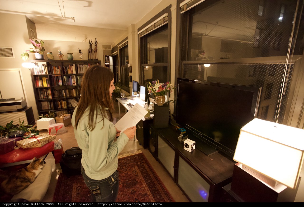 Woman Reading in a Cozy Book-Filled Apartment