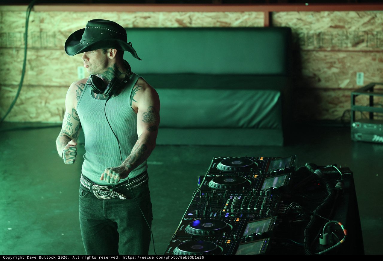 Tattooed DJ in Cowboy Hat at Wobbleland Festival