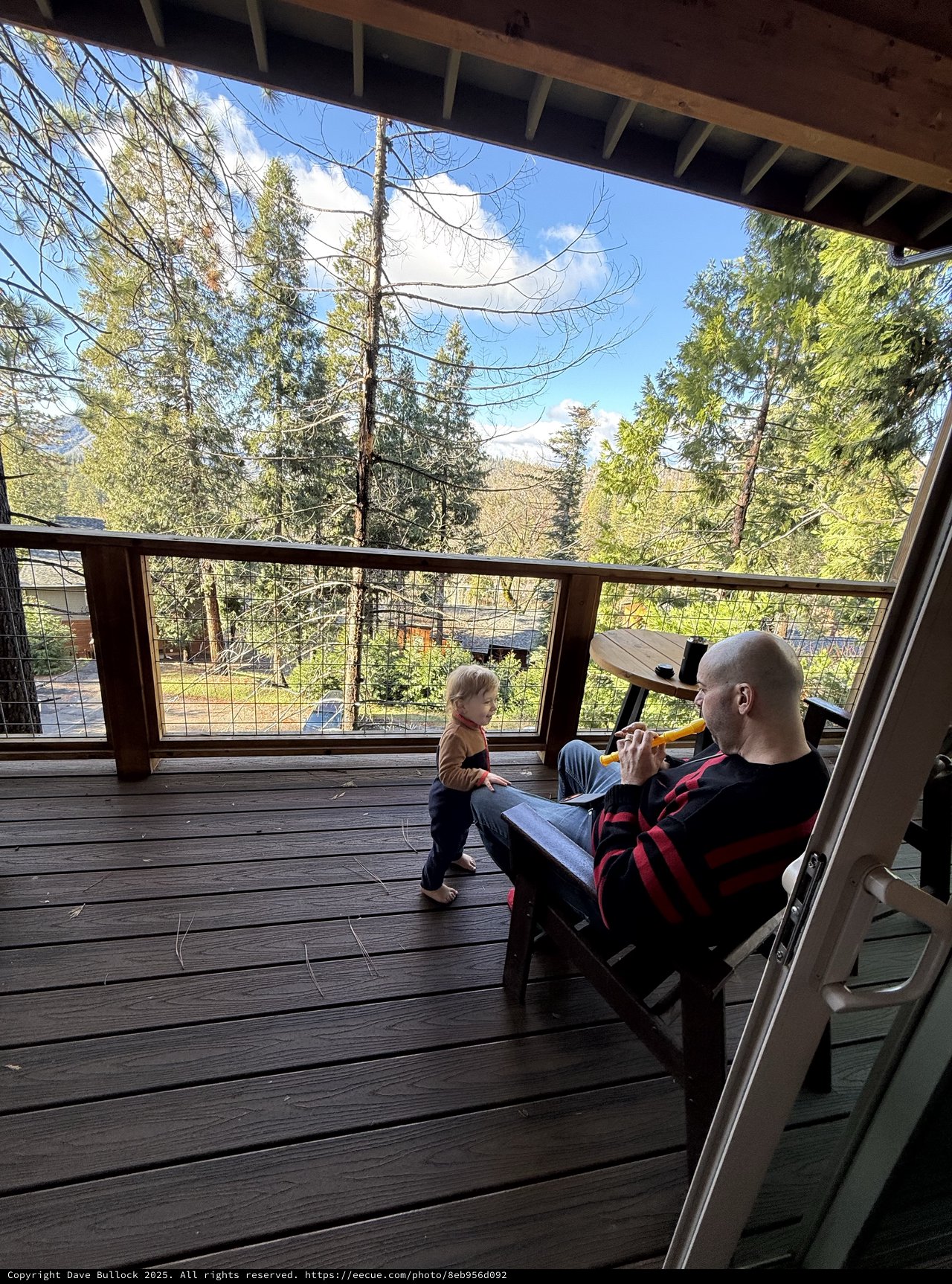 Father Plays Flute for Curious Toddler on Forest Deck