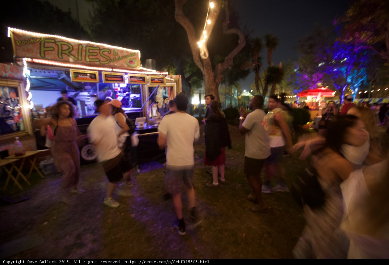 FYF Fest Festival Grounds Poutine Fries Food Vendor Trees String Lights People Night