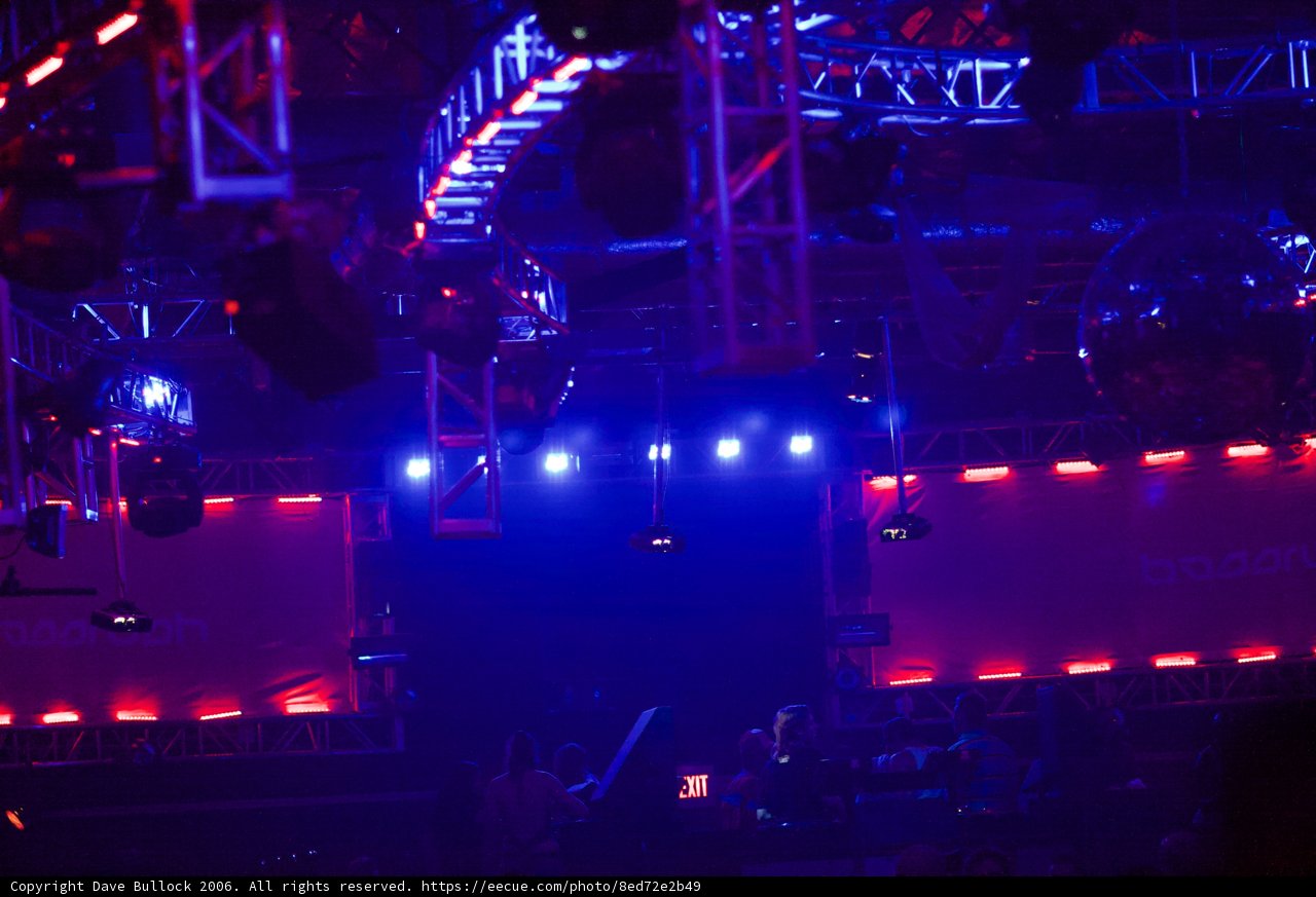 Red and Blue Lights Illuminate Stage and Crowd