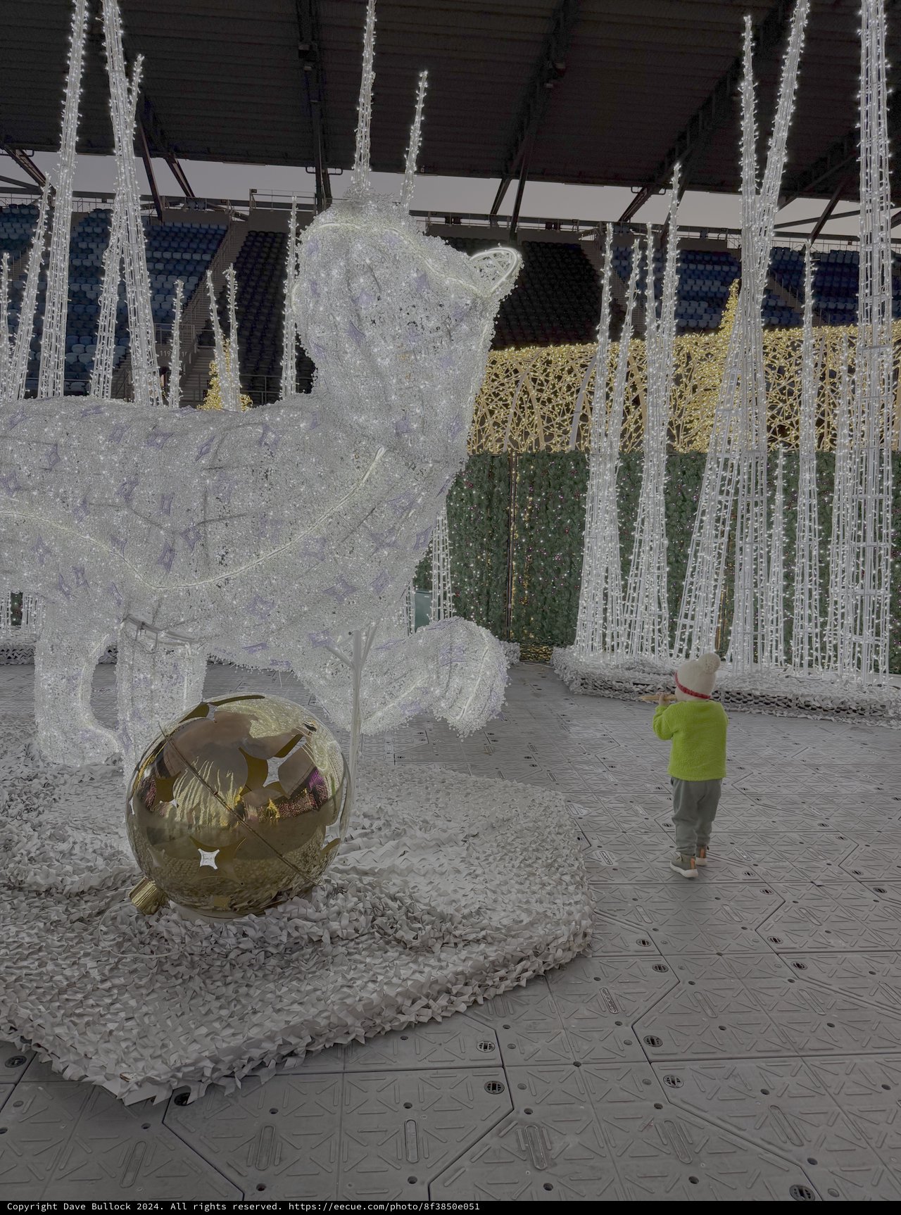 Child Explores Elaborate Christmas Light Display Installation