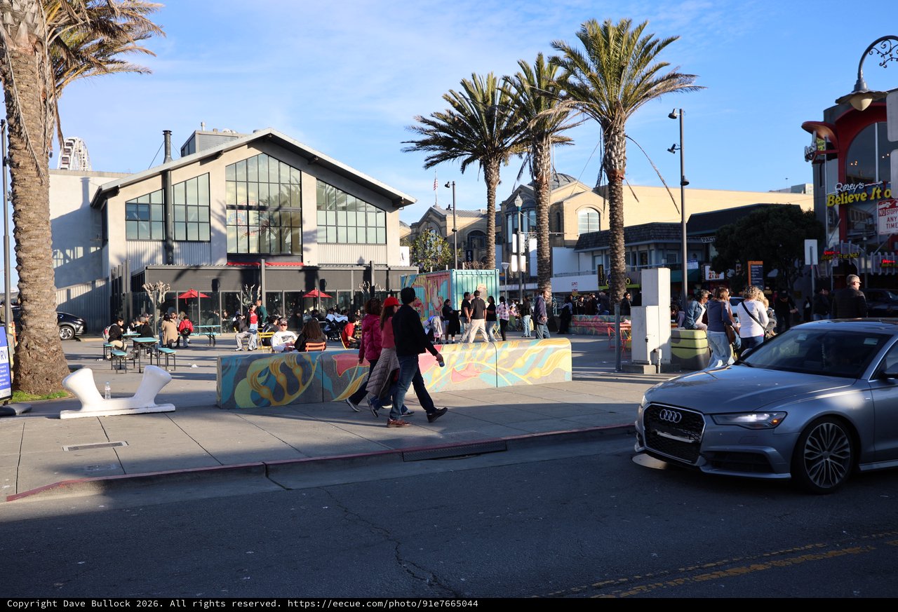 Vibrant Street Scene at Fisherman's Wharf Plaza