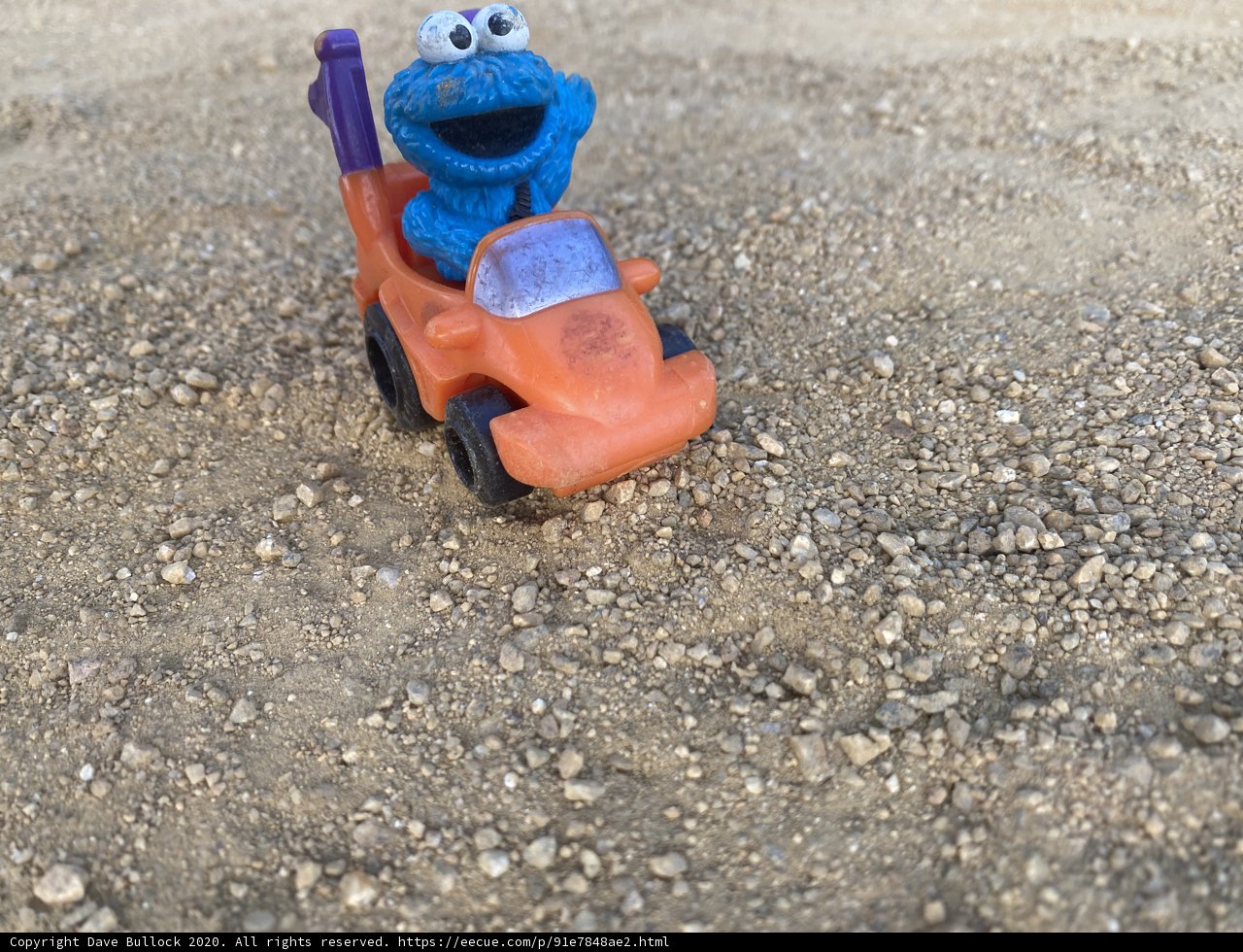 Cookie Monster Takes a Ride On a Gravel Road