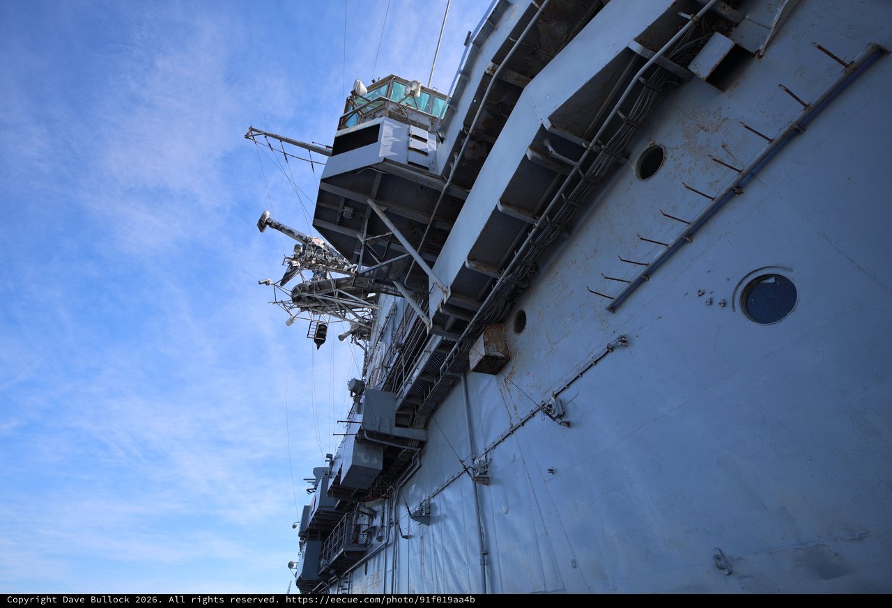 Looking Up at USS Hornet Aircraft Carrier Superstructure