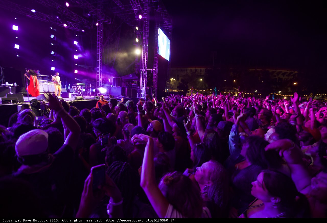 FYF Fest Wide Crowd Stage Solange Red Dress Guitarist Video Screen Purple Night