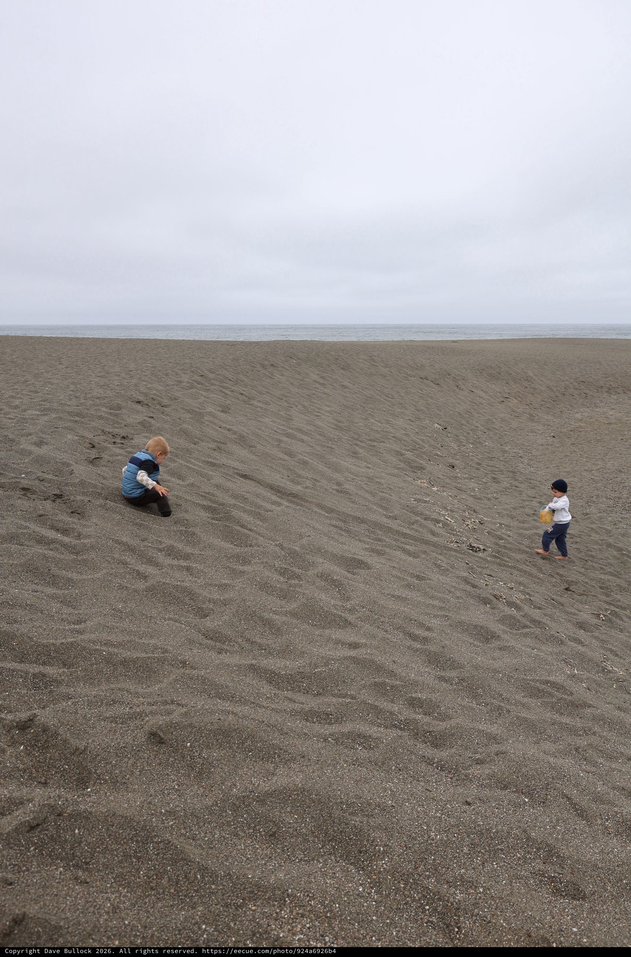 Two Young Children Exploring a Vast Sandy Beach