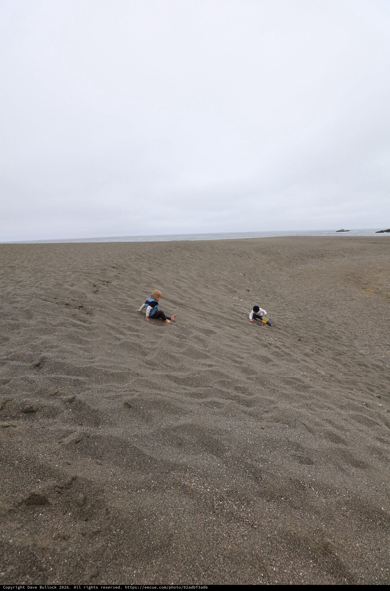 Two Young Children Playing on a Vast Sandy Beach