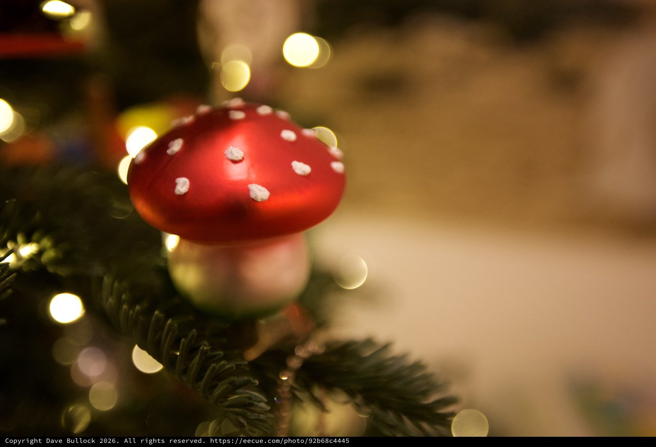 Red Toadstool Mushroom Christmas Tree Ornament with Bokeh Lights