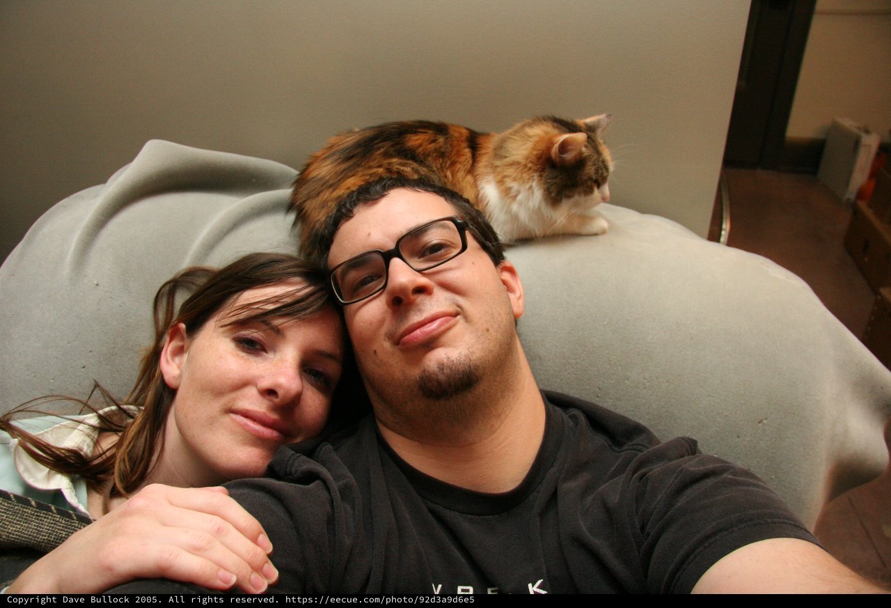 Couple and Their Calico Cat on the Couch