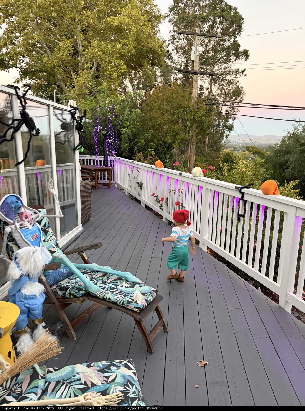Toddler Exploring Misty Deck on Autumn Morning