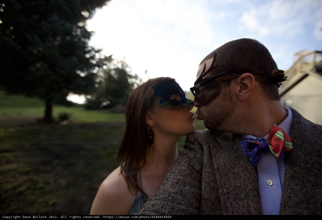 Masked Kiss at Twilight Wedding Celebration