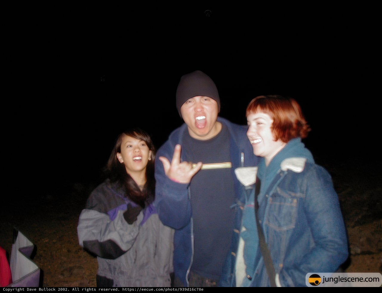 Nighttime Portrait of Three People in Jackets and Beanies