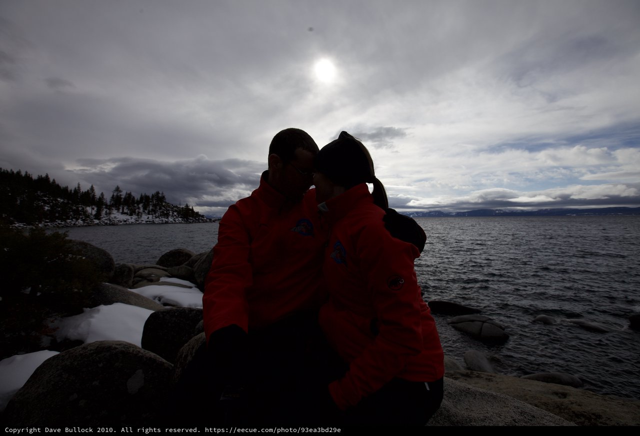 Winter Romance at Lake Tahoe's Rocky Shore