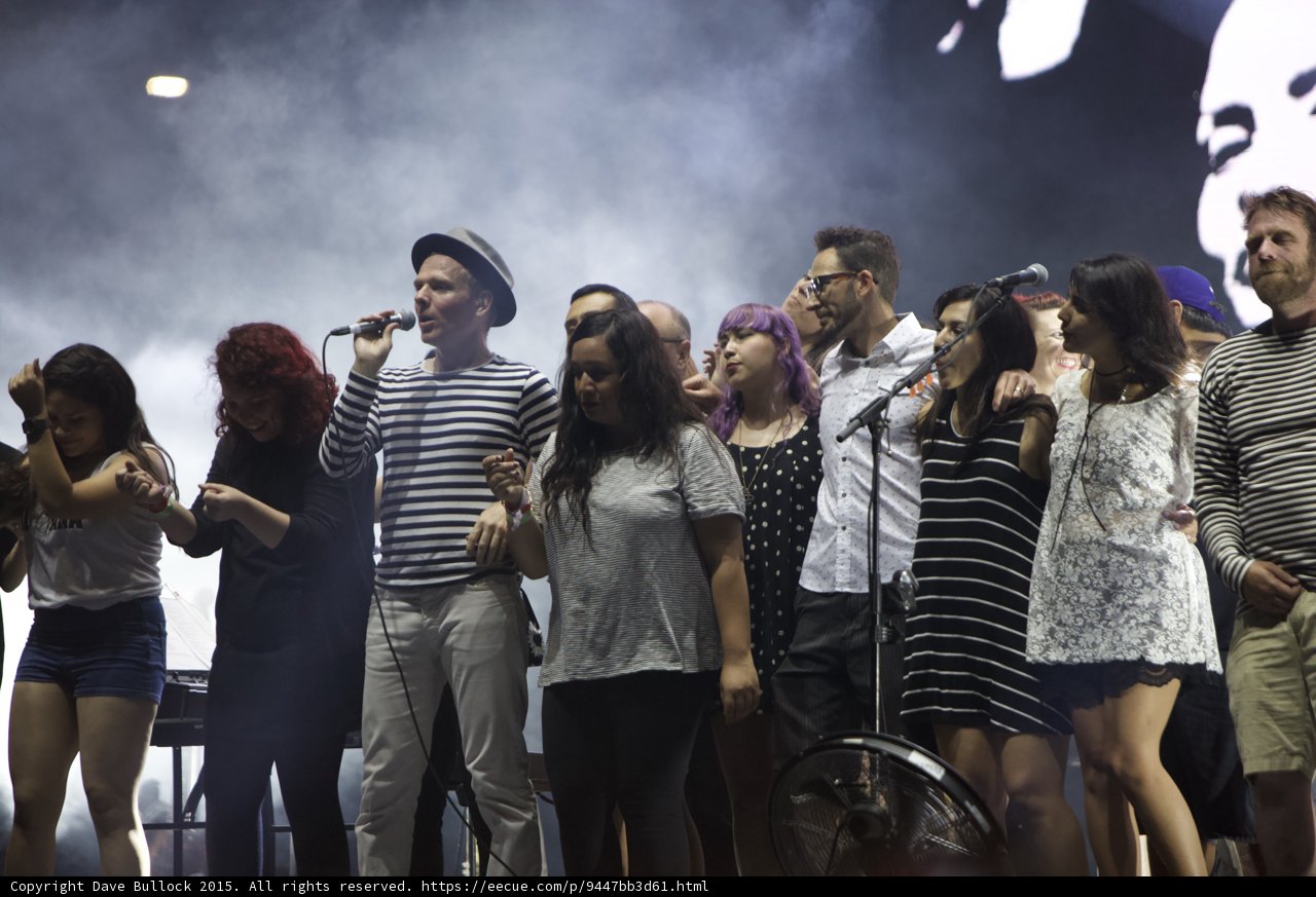 FYF Fest Stage Fedora Man Singing Red Hair Purple Hair Bearded Man Video Screen Finale