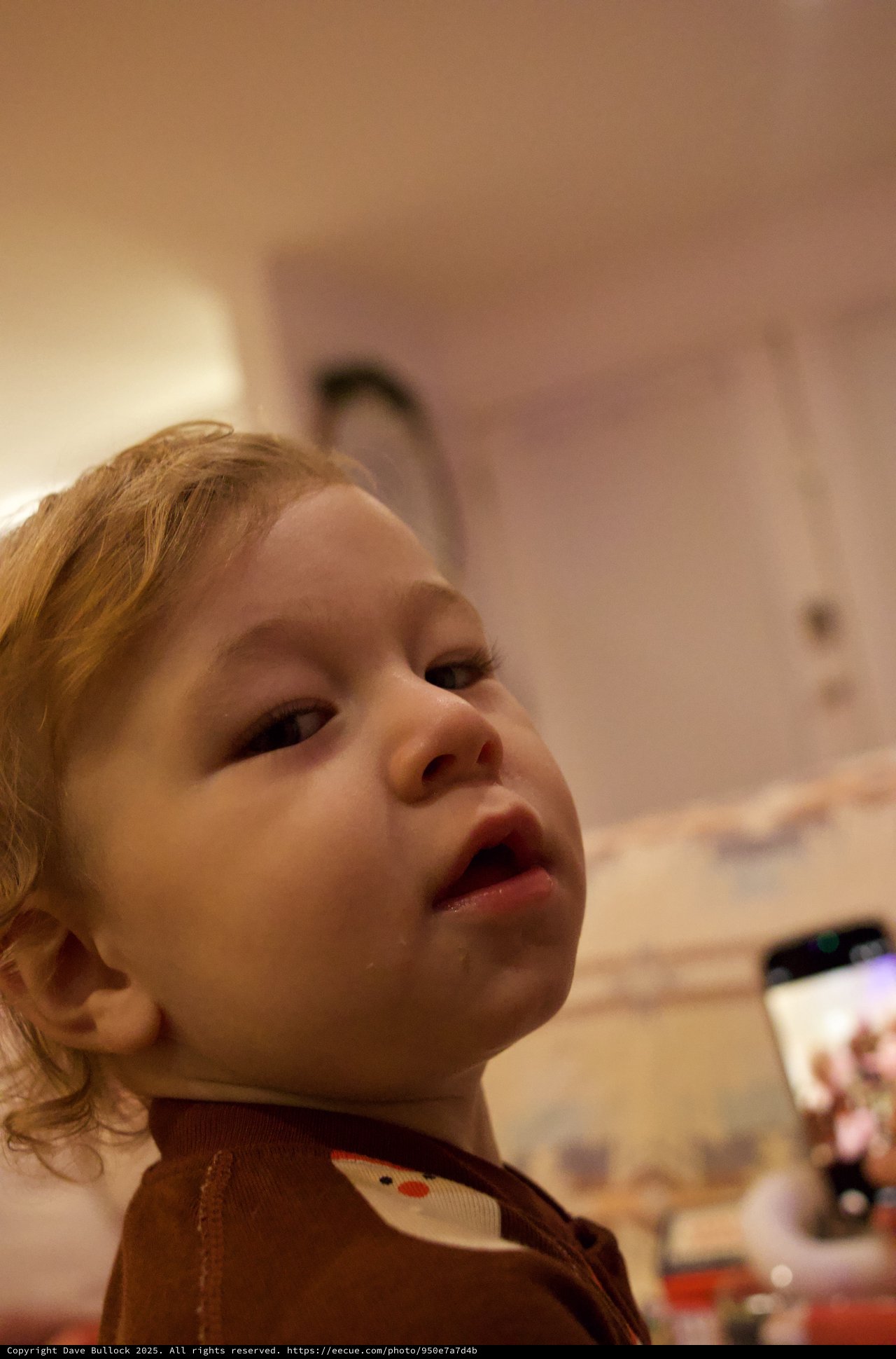 Curious Toddler Looking Up During Christmas Celebration
