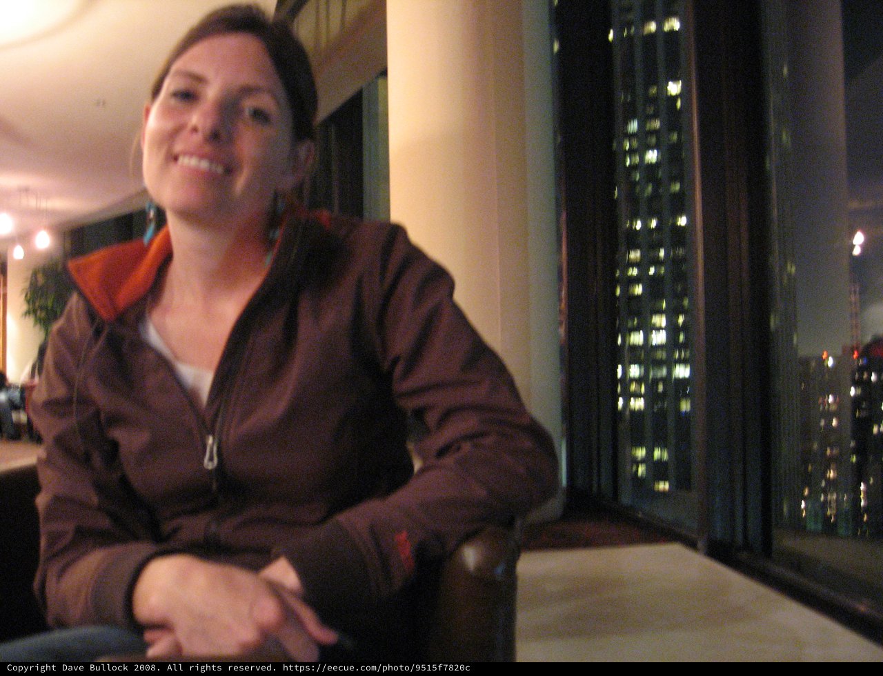 Smiling Woman at High-Rise Bar with City Lights