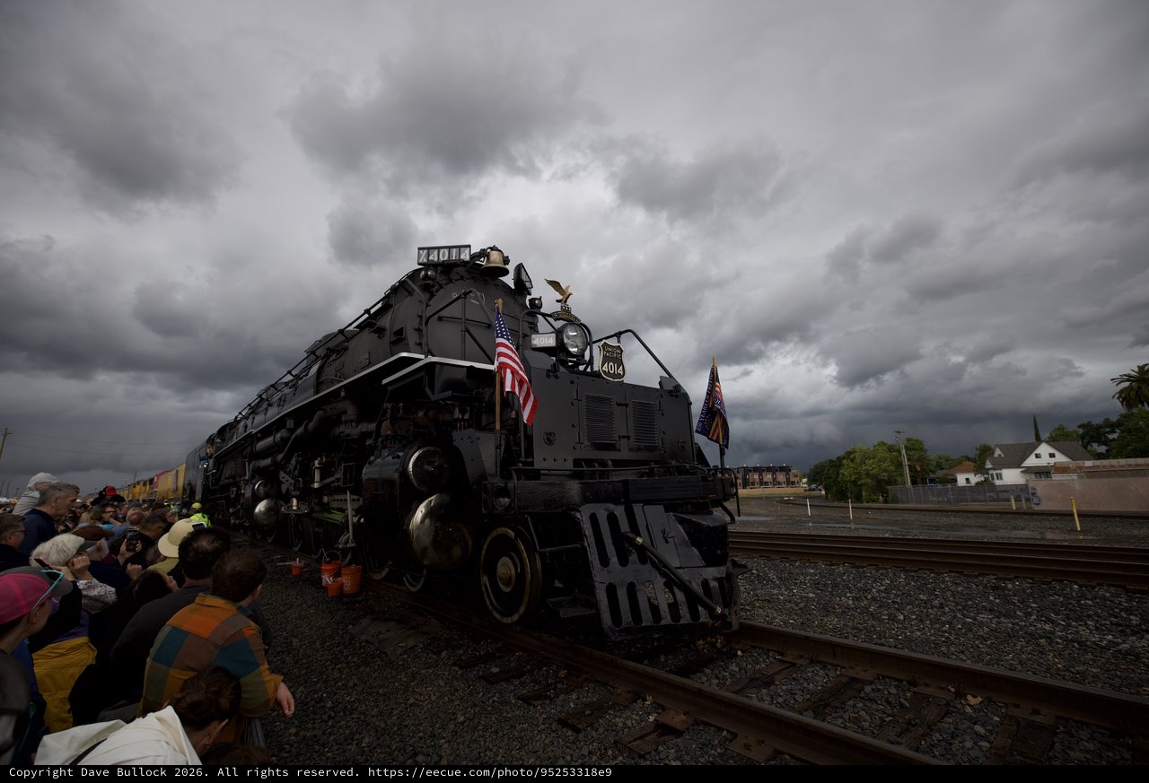 Historic Big Boy Locomotive on Display Under Stormy Skies