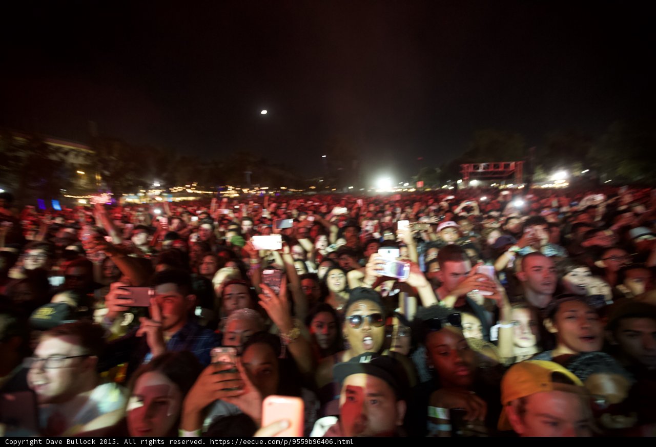 FYF Fest Wide Crowd Slight Blur Woman Sunglasses Moon Night Phones Yellow Cap Stage Scaffolding
