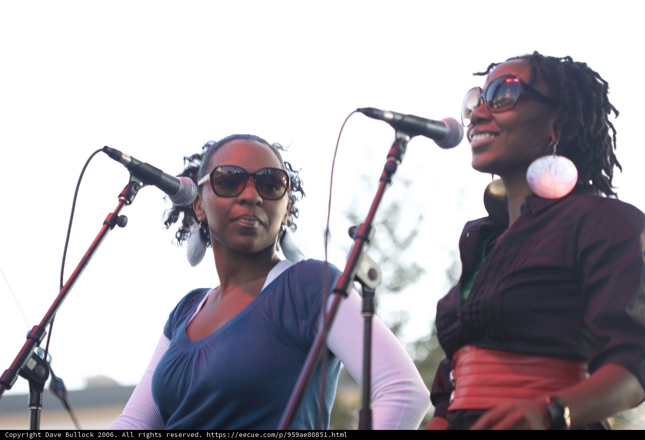 Two Women Singing into Microphones at a Concert