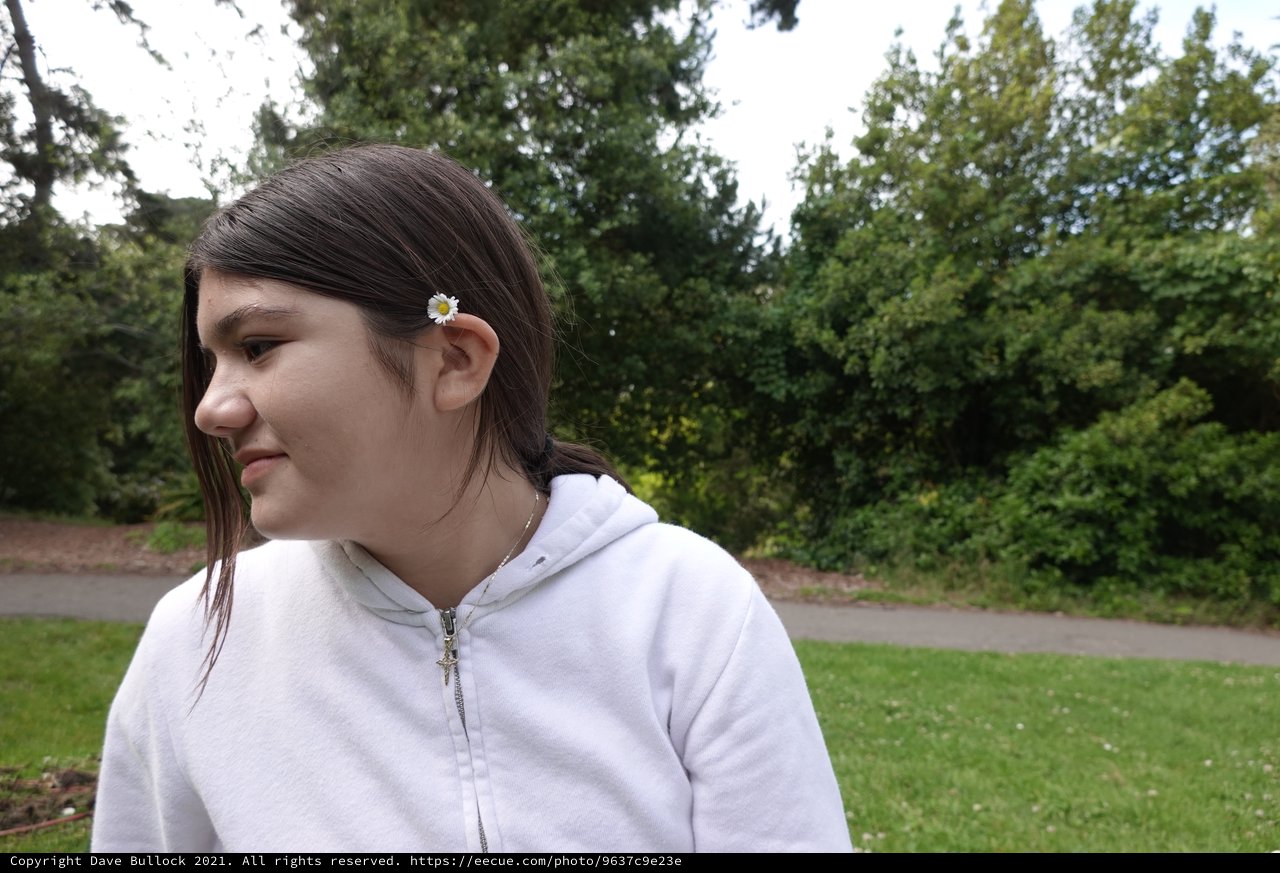 Young Woman with Daisy in Park Setting