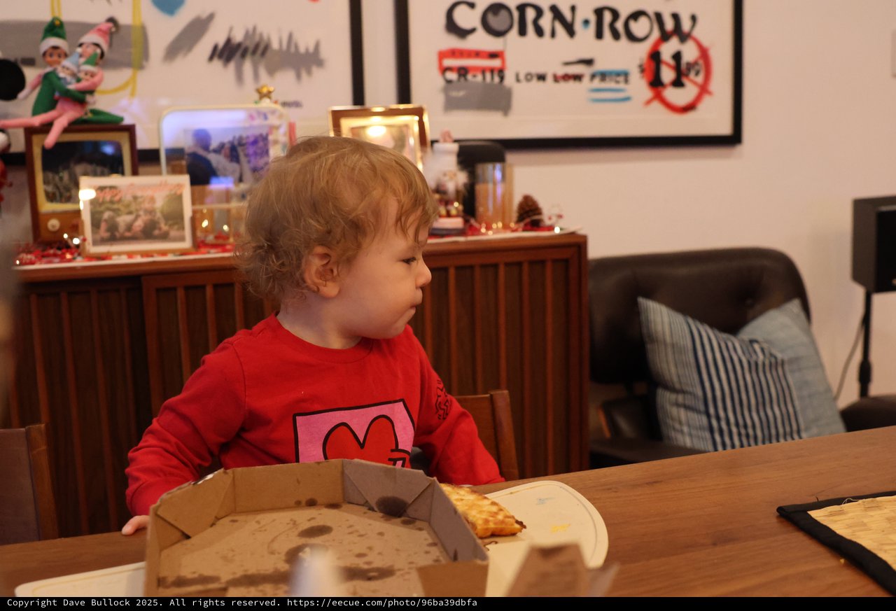 Young Child Enjoying Pizza at Home During Christmas