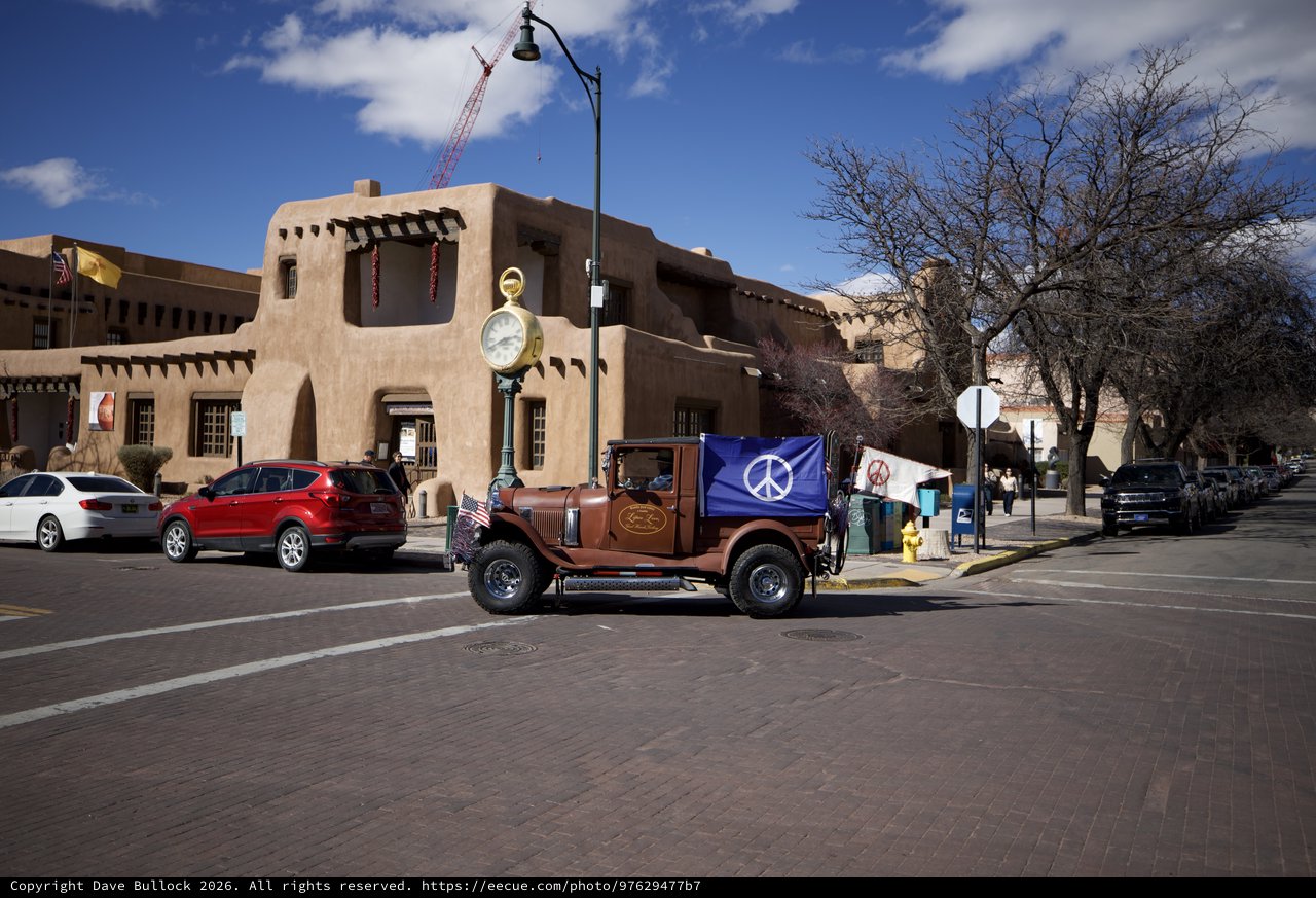 Vintage Truck with Peace Flags in Santa Fe Plaza