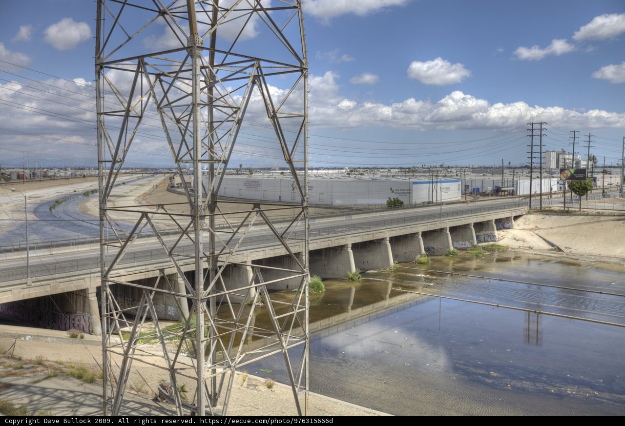 Bridge and Power Lines Over River
