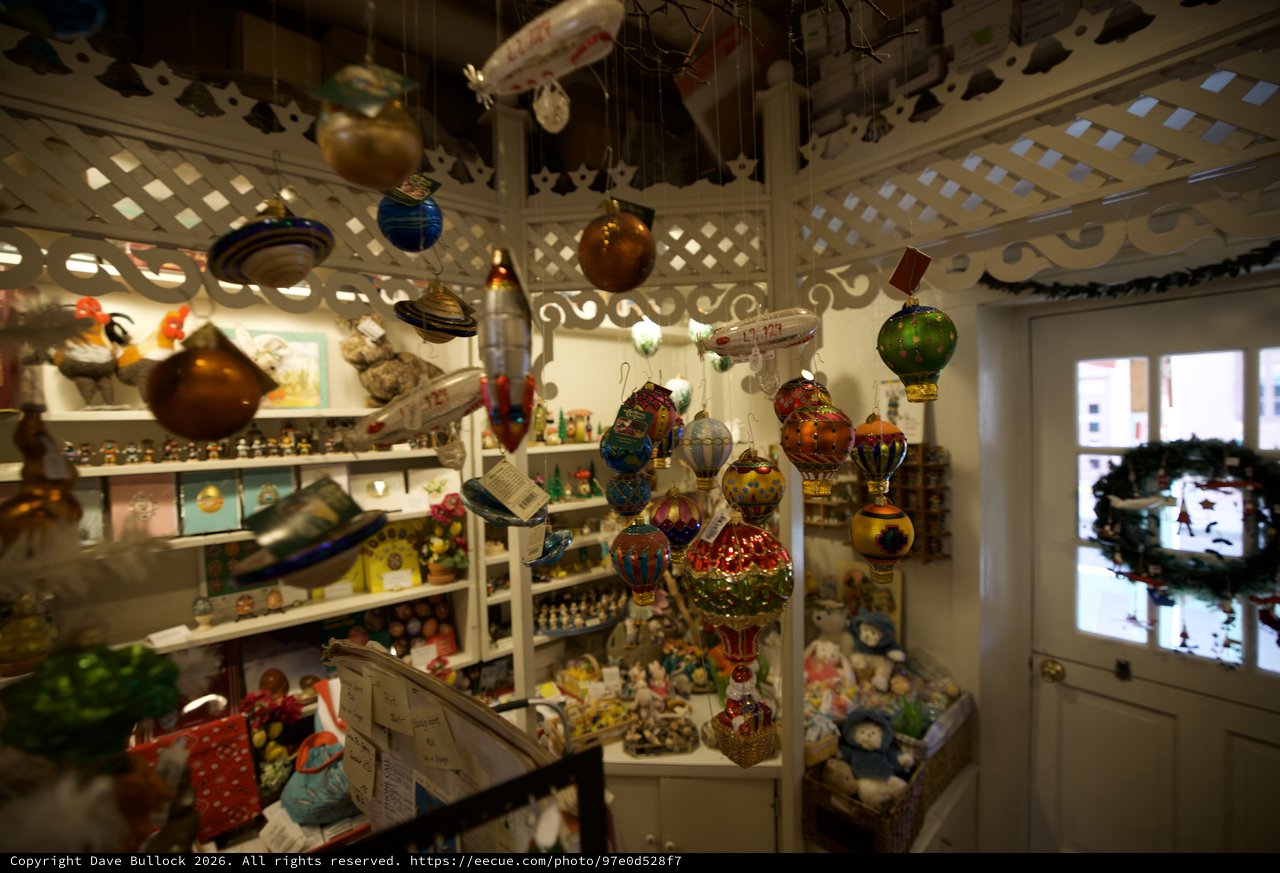 Whimsical Christmas Ornament Shop Display with Hot Air Balloons