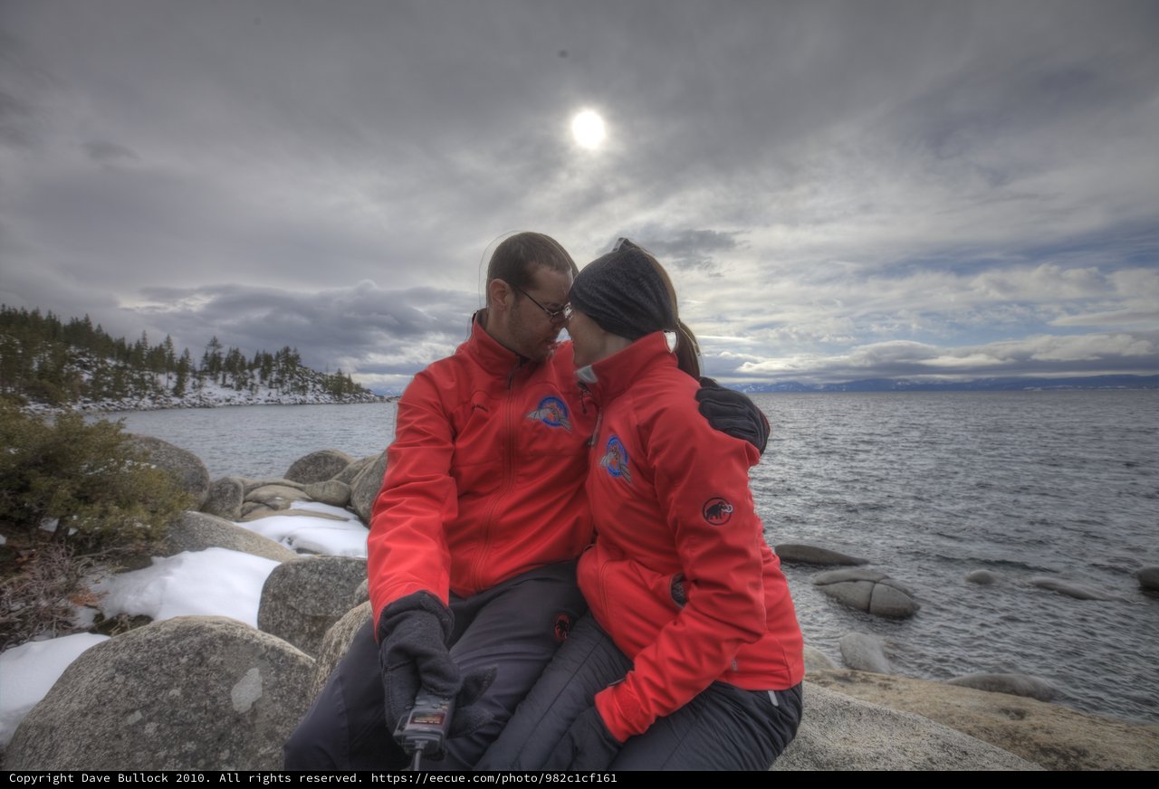 Winter Romance at Lake Tahoe's Rocky Shore