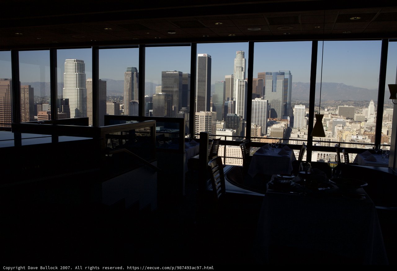 Panoramic View of the Urban Skyline from Inside the Restaurant