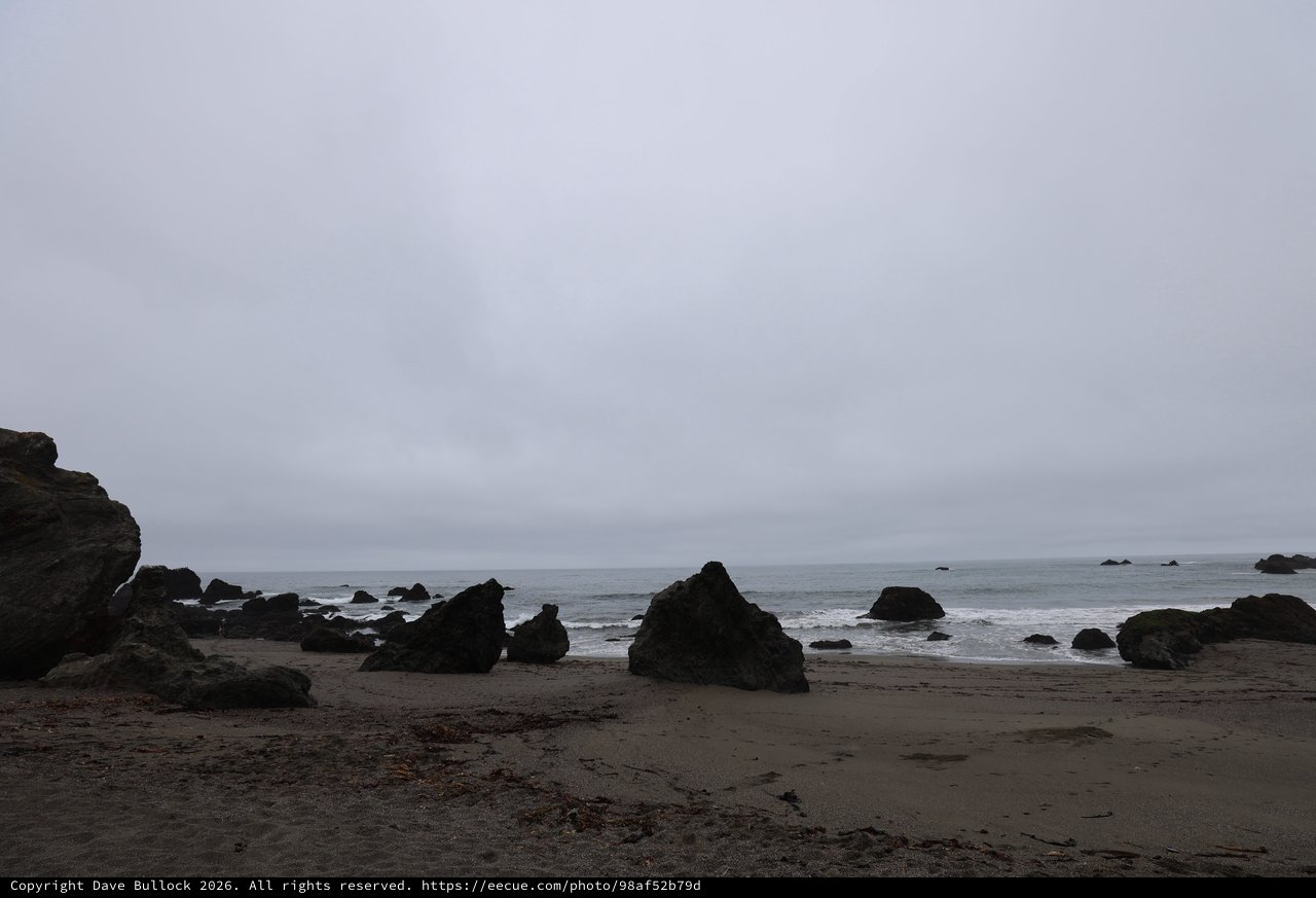 Moody Overcast Shoreline with Dark Sea Boulders