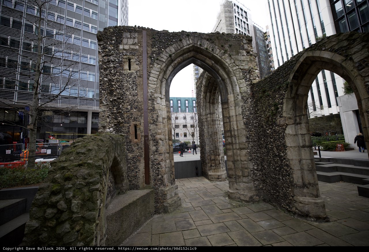 Medieval Church Ruins Among Modern London Architecture