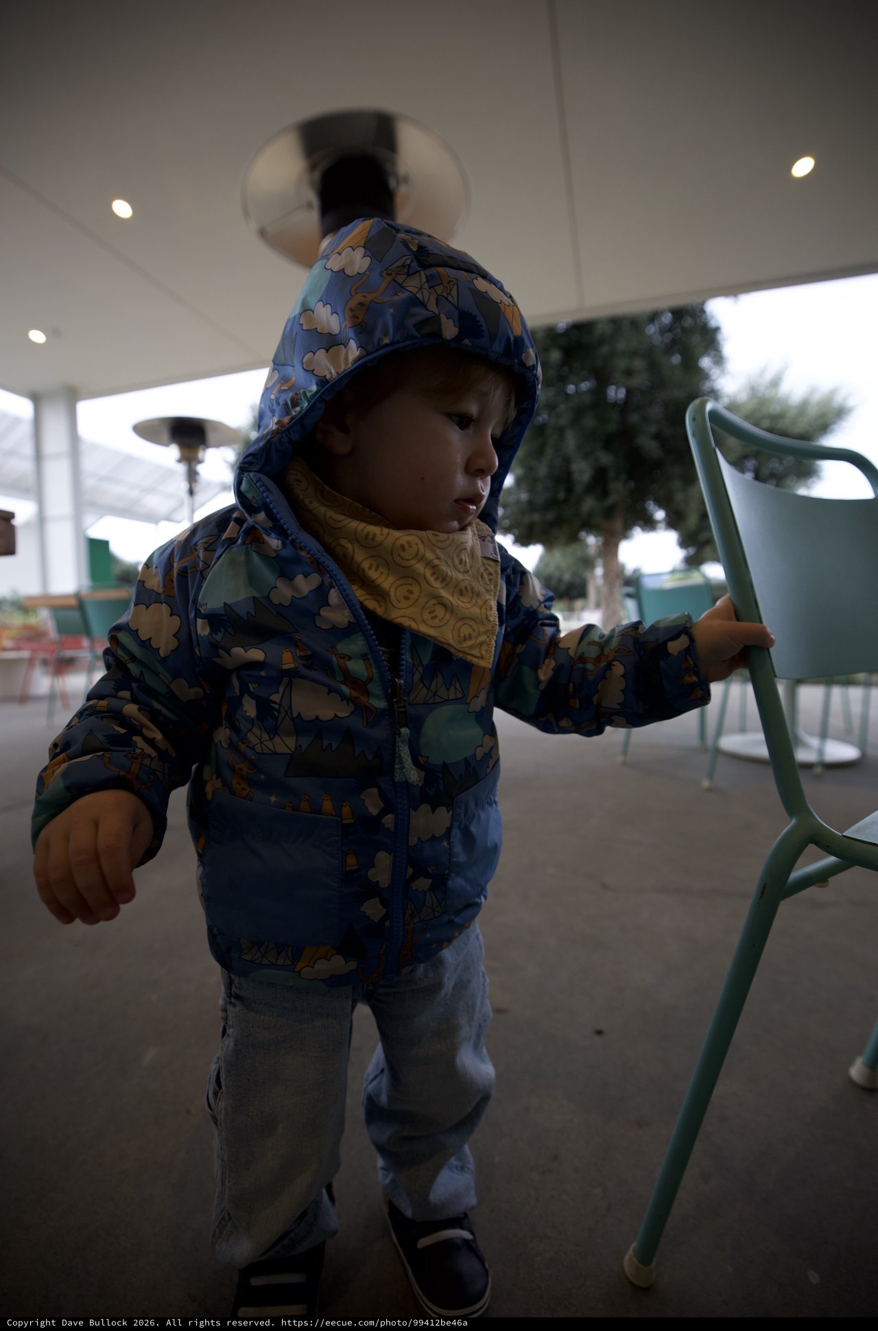 Toddler in Patterned Blue Jacket at Covered Patio