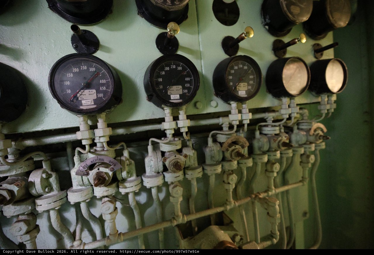 Vintage Pressure Gauges in USS Hornet Engine Room