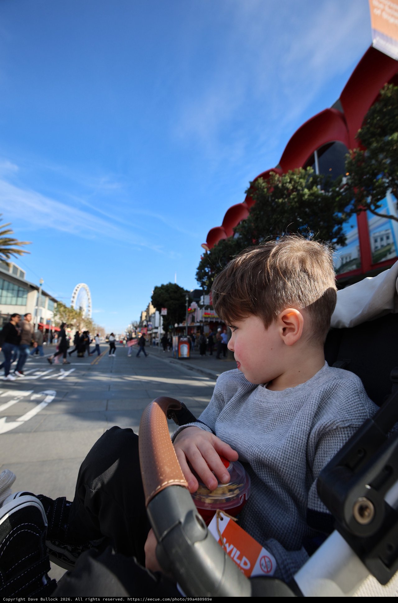 Young Boy Enjoying a Stroller Ride in Chinatown