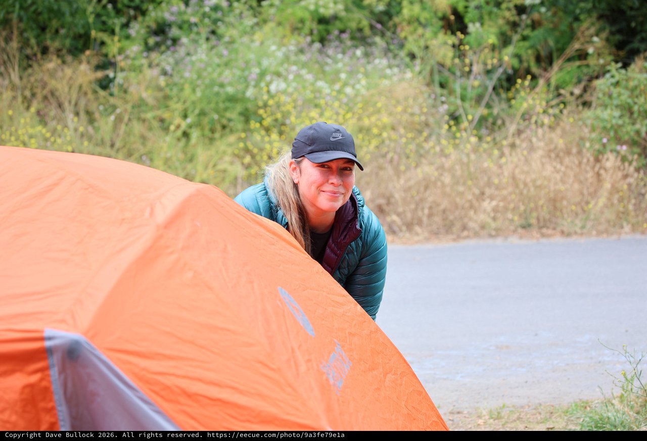 Smiling Camper Setting Up Orange Tent Outdoors