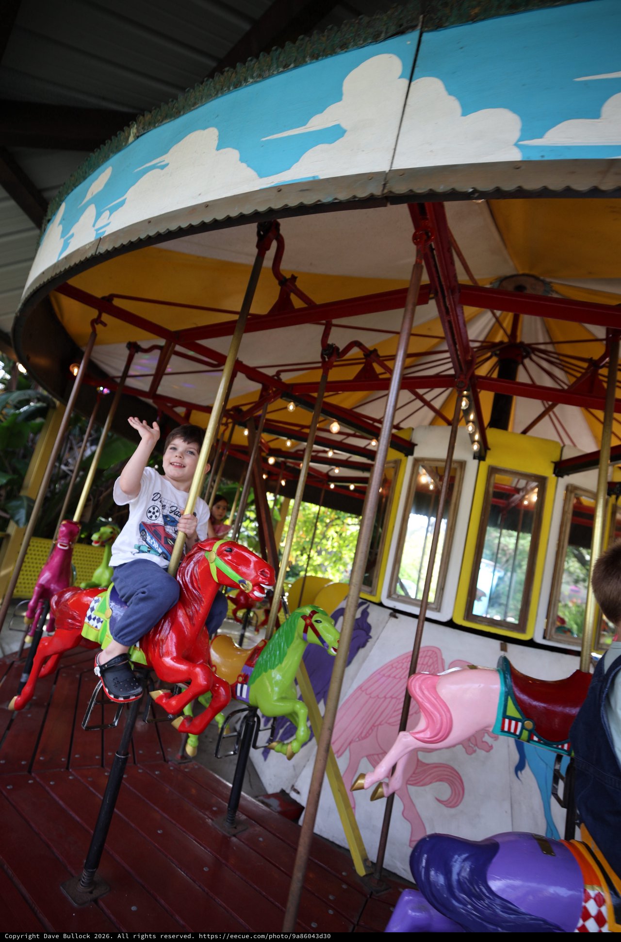 Young Boy Riding Red Dinosaur on Carousel