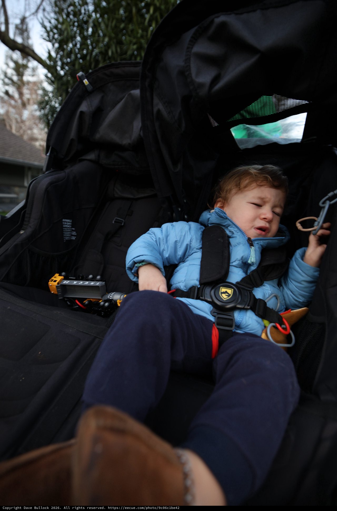 Unhappy Toddler Secured in Black Jogging Stroller