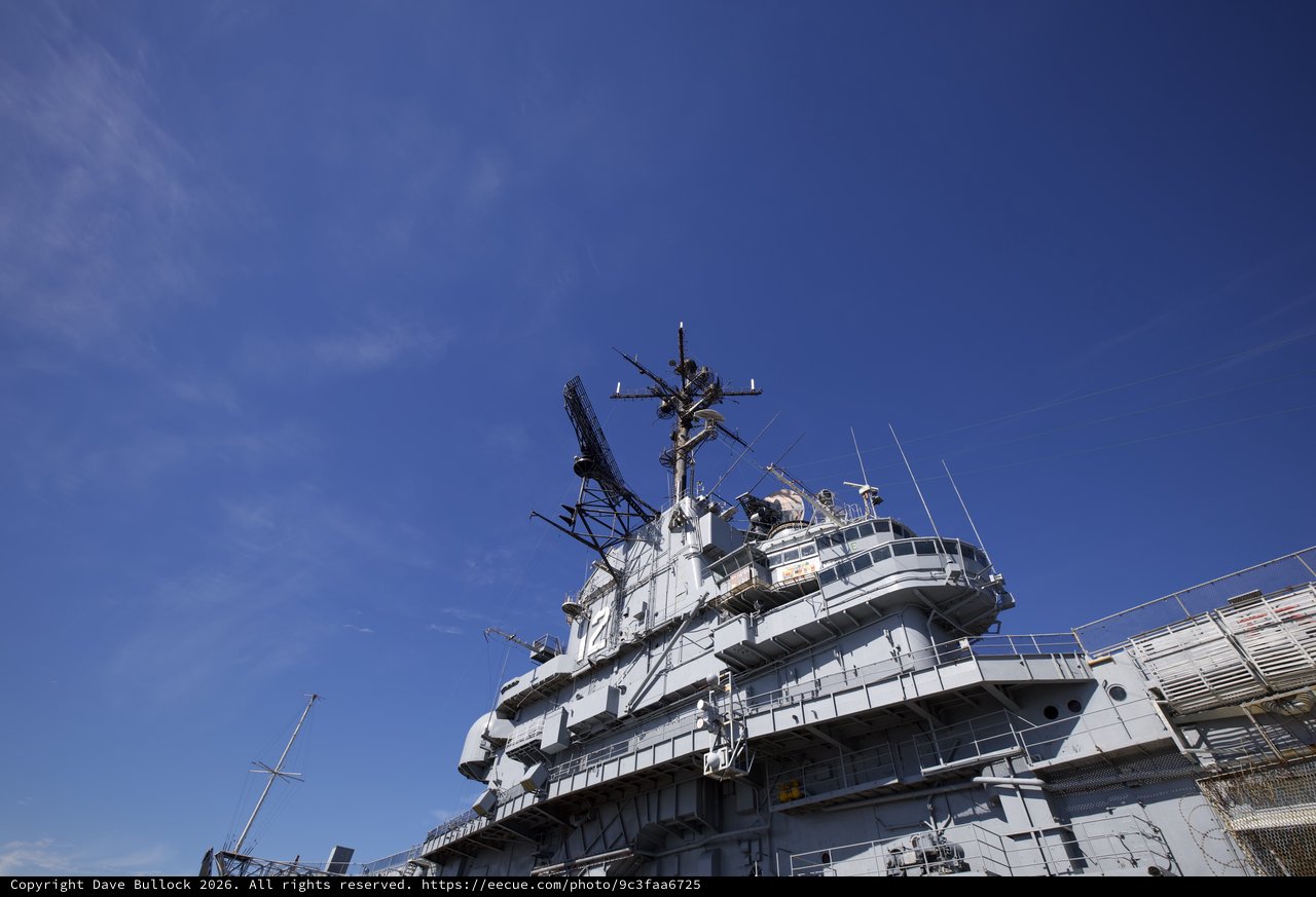 USS Hornet Aircraft Carrier Command Island Against Blue Sky