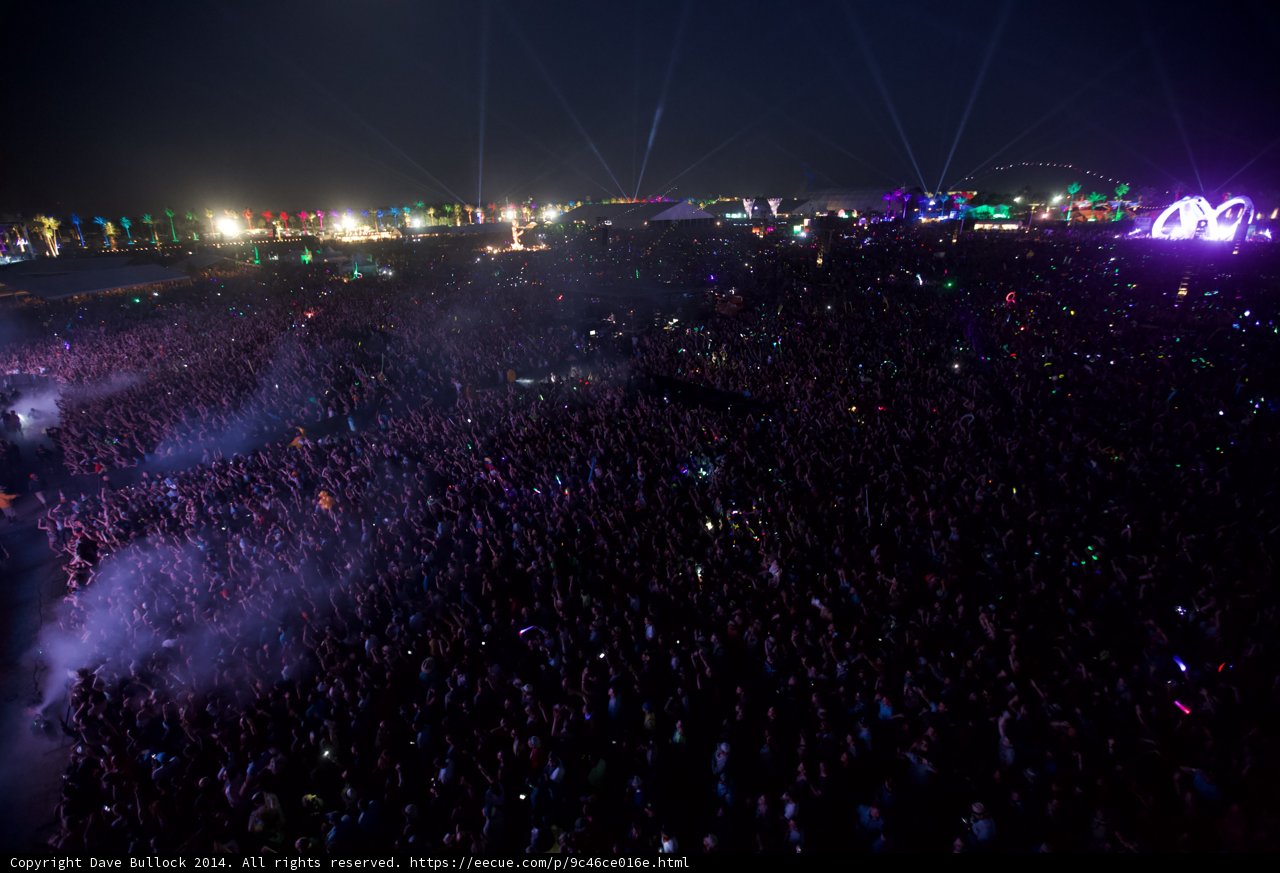 The Night Sky Ignites with Flares and Fireworks at Coachella Concert